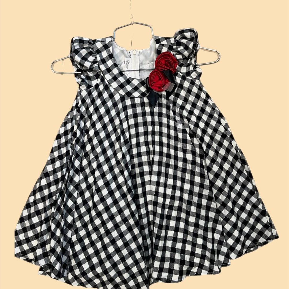 Bonnie Jean Black and White Plaid Dress with Red Floral Detail size 6